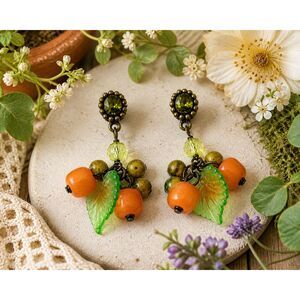 Vintage Y2K Lucite Fruit Cluster Earrings Green Orange Leaves Rhinestone Dangle
